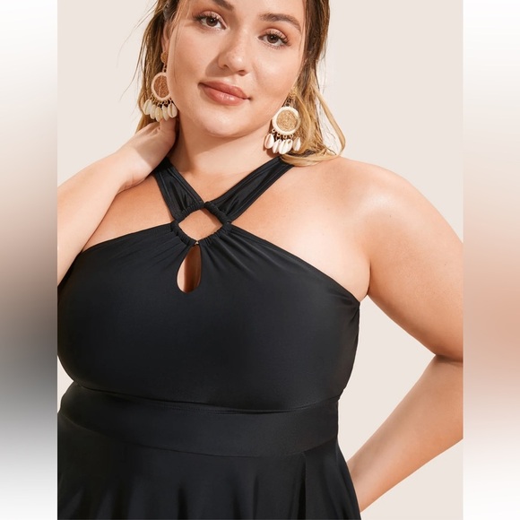 BloomChic Plus Size Plain Cut Out Split Side Swim Dress - Picture 3 of 7